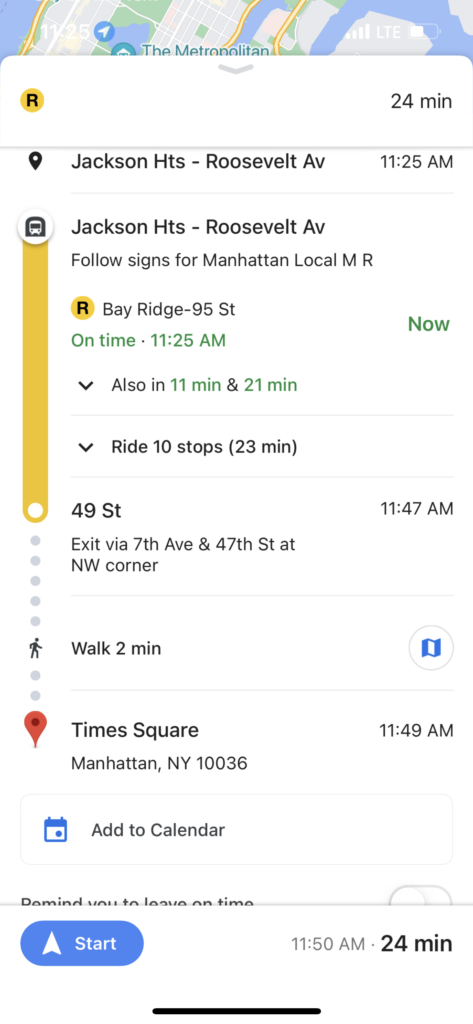 Navigating the New York City Subway using Google maps.
